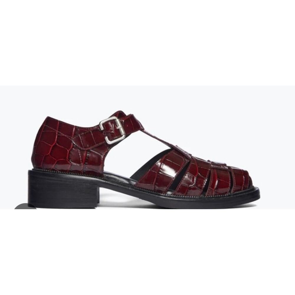 FRĒDA SALVADOR Dahlia T-Strap Fisherman Loafers in Burgundy Croc Leather,